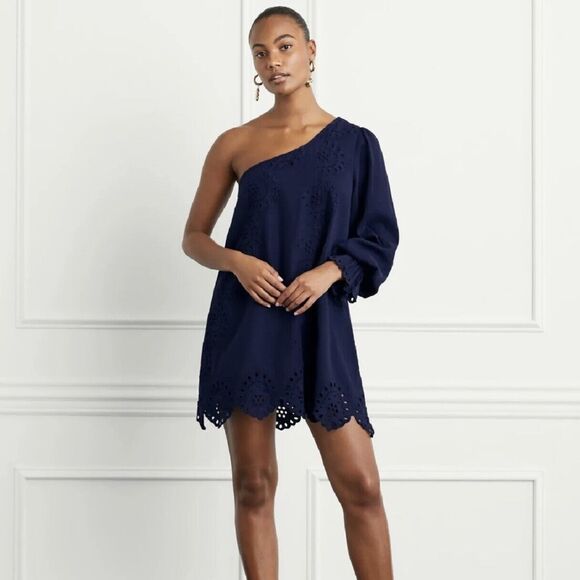 Hill House The Mila Dress Linen Navy Blue Eyelet Mini One Shoulder Small NWT - Picture 1 of 10